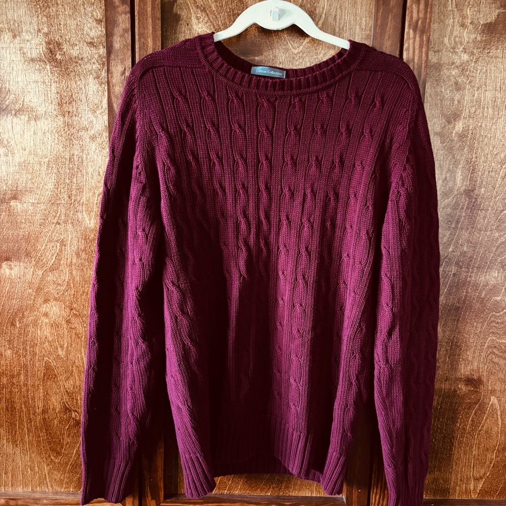 Vintage Lord & Taylor 100% Cotton Cableknit Crewneck Sweater Burgundy Medium
